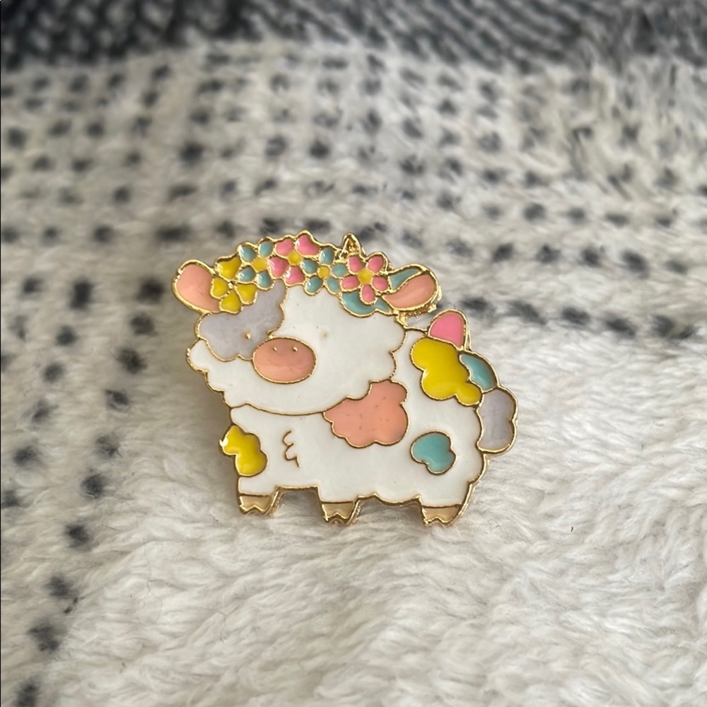 Colorful Cow‎ with Flower Crown Pin